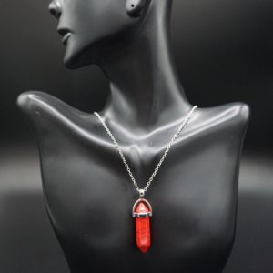 Hex Pendant Stainless Steel Red Stone Pendant 18 Inch Chain